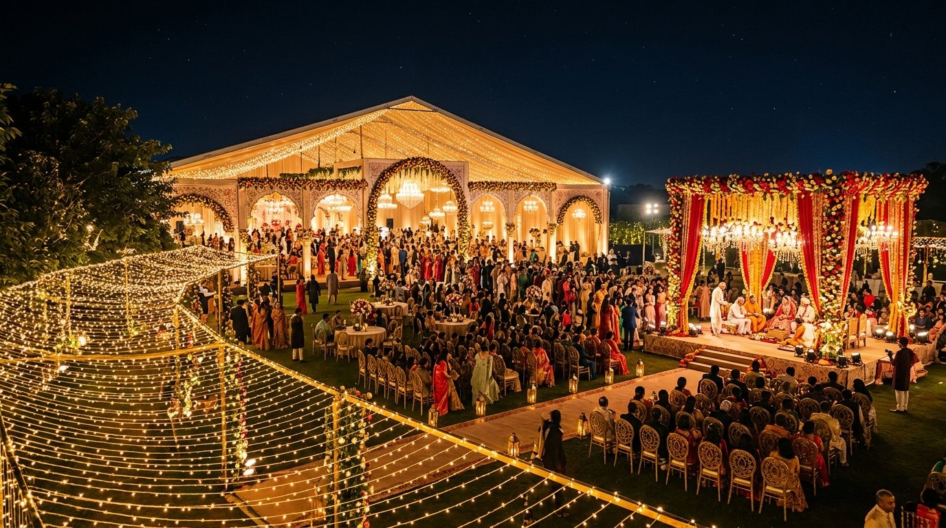 Grand outdoor wedding tent and mandap setup by Shree Ganesh Tent House in Noida