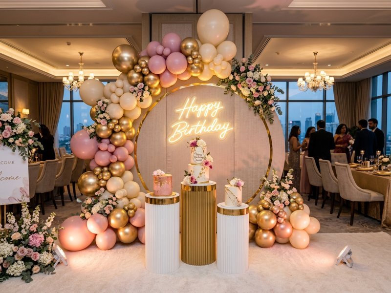 Grand reception stage decoration with golden arches and velvet sofa in Noida
